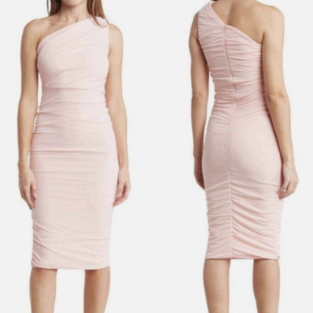Love X Design Bodycon One Shoulder Ruched Pink Dress.